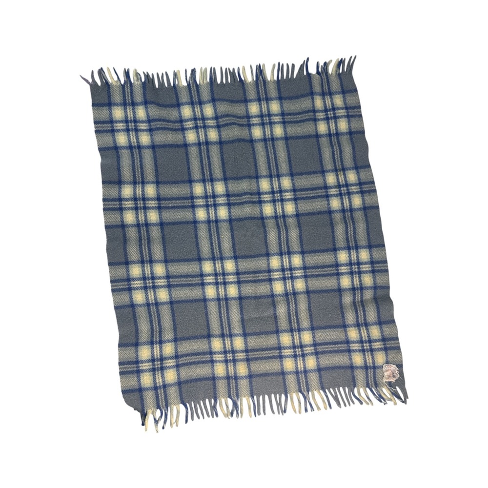 VTG Royal Scot 100% Wool Plaid Lap Blanket Gray Blue Made Great Britain
